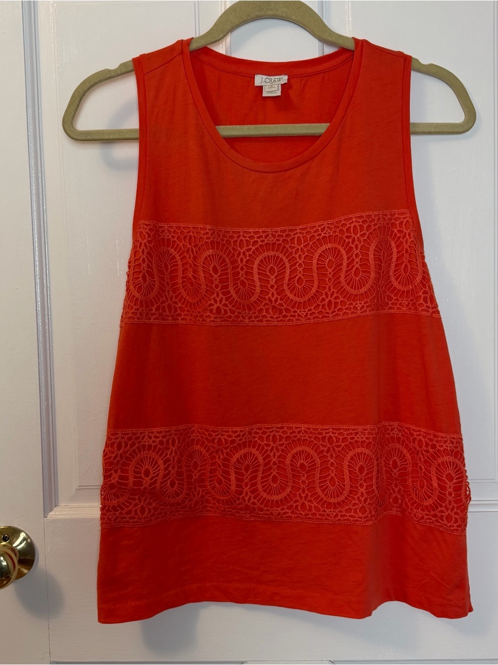 J Crew 100% Cotton Vibrant Orange Sleeveless Top with Crochet Details, Size MP